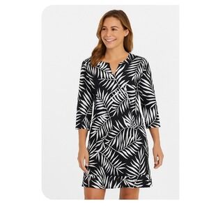 Coolibar Sz Medium UPF 50+ Oceanside Tunic Dress Black White Palm Leaf Print